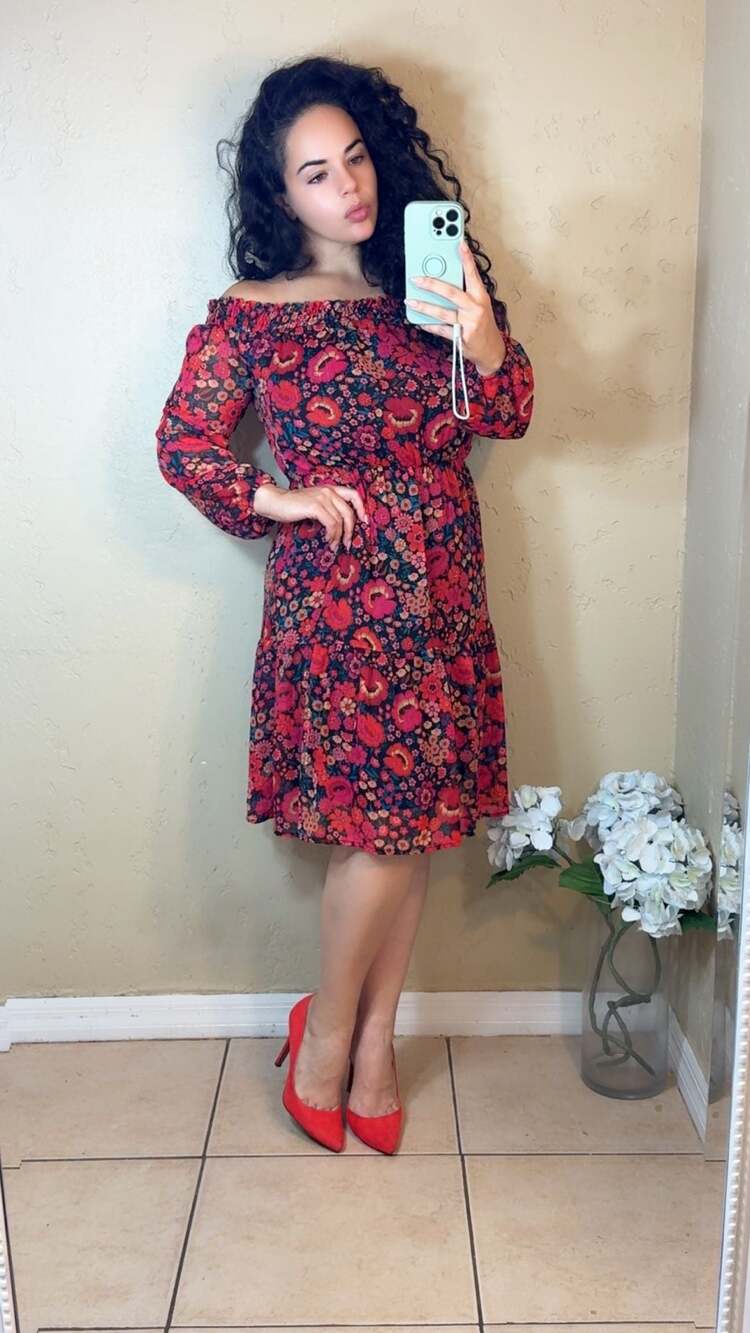 ECI New York Off-The-Shoulder Long Sleeve Floral Chiffon Dress